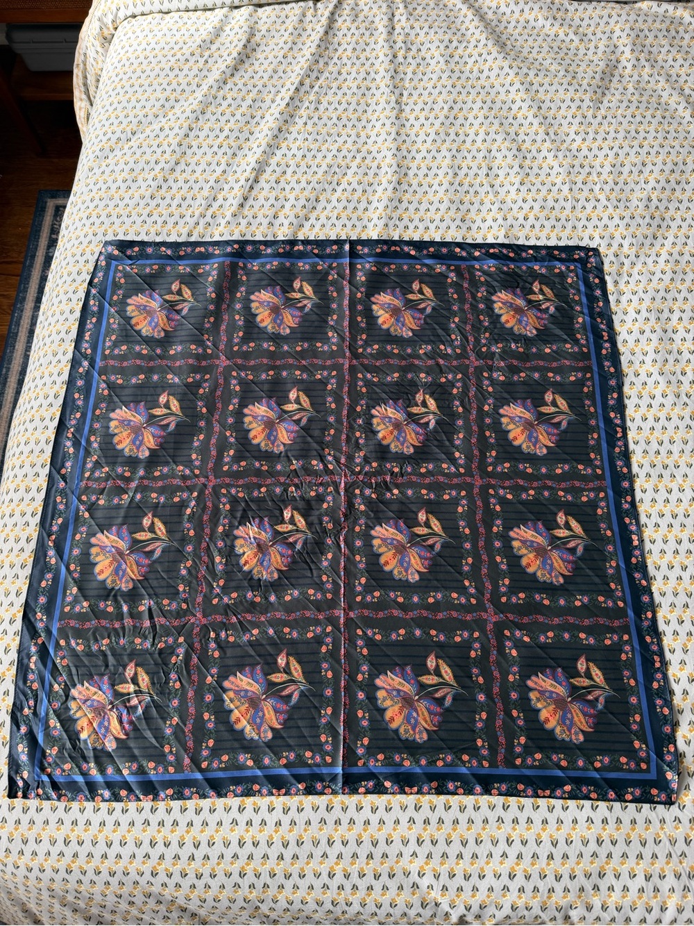 Anthropologie Navy Floral Block-Print Square Scarf with Pink and Orange Accents